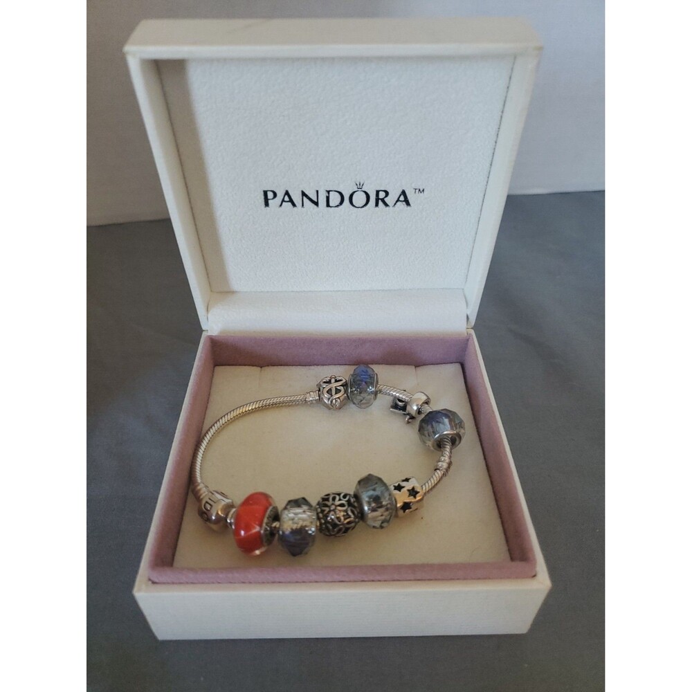 PANDORA Bracelet W/ 9 Pandora Charms 925 Silver Original Box